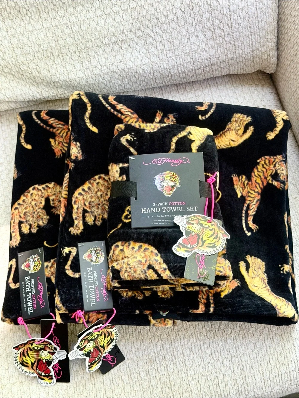 Ed Hardy Bath Towel Set + Hand Towels 4pc Tiger 100% Cotton Black Gold Y2K Decor